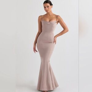 House of CB Violette Mushroom Satin Fishtail Gown
